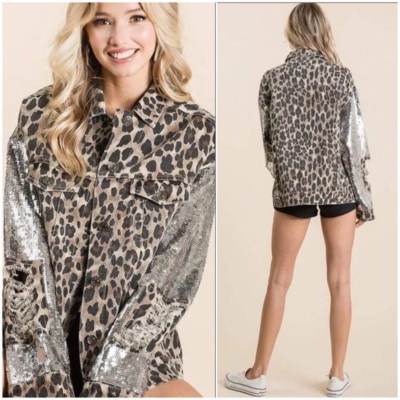 Macaron Jackets & Blazers - Macaron Leopard Distressed Sequin Denim Jacket